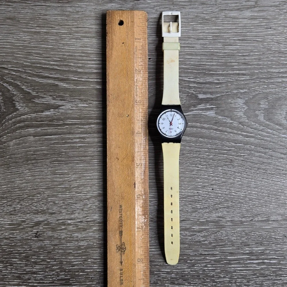 Swatch Swiss Quartz Watch White Dial & Band Black S740 Classic 1980s parts